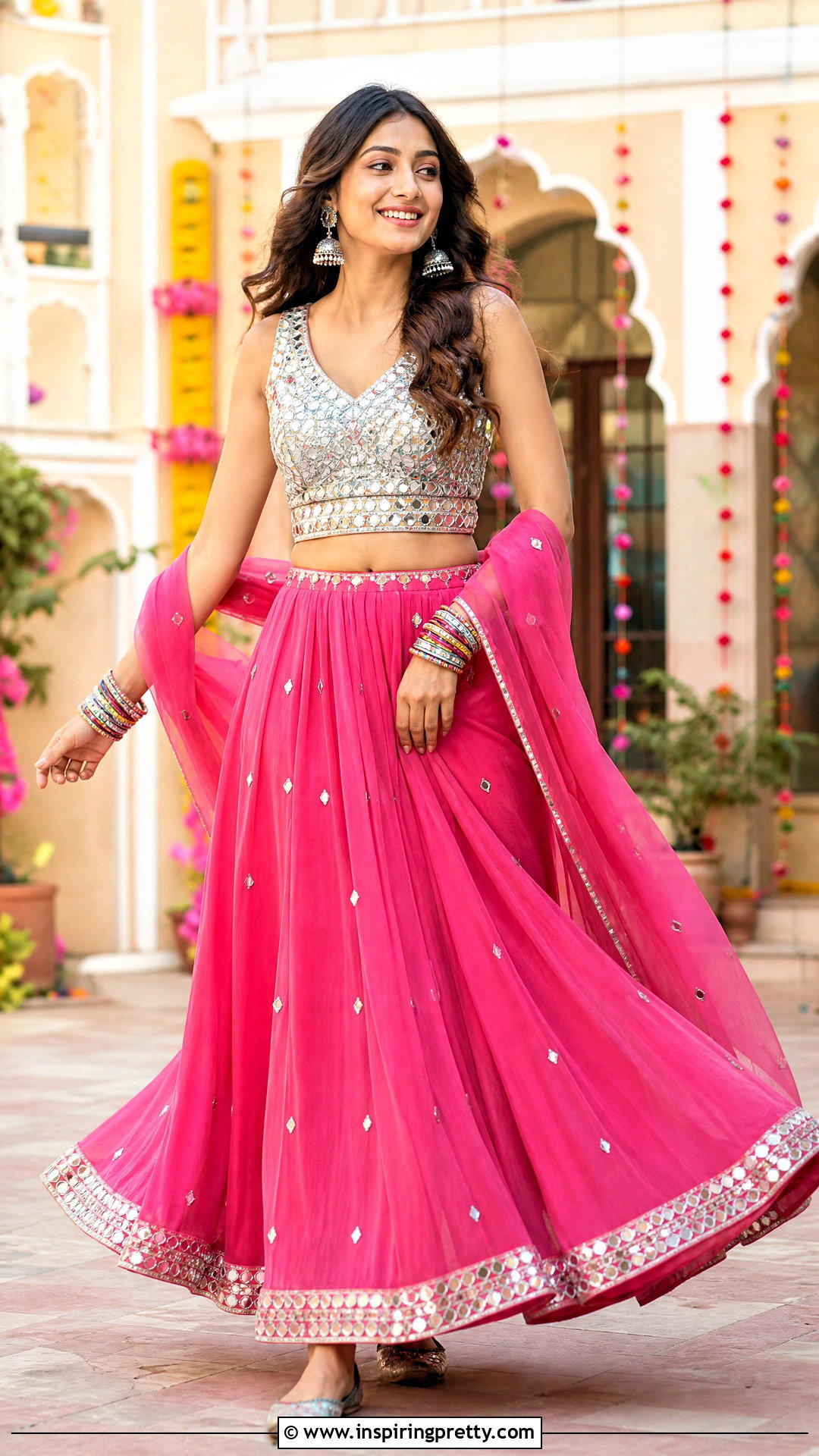 Pink Skirt With Mirror Work Top - 50 skirt top indian outfit ideas