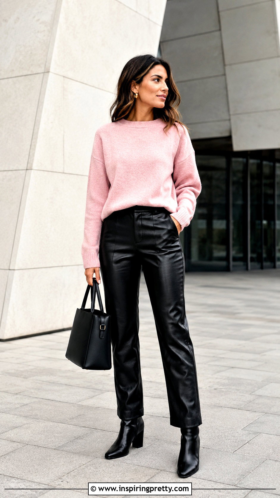 Pink Sweater With Leather Pants - 50 pink tops outfit ideas