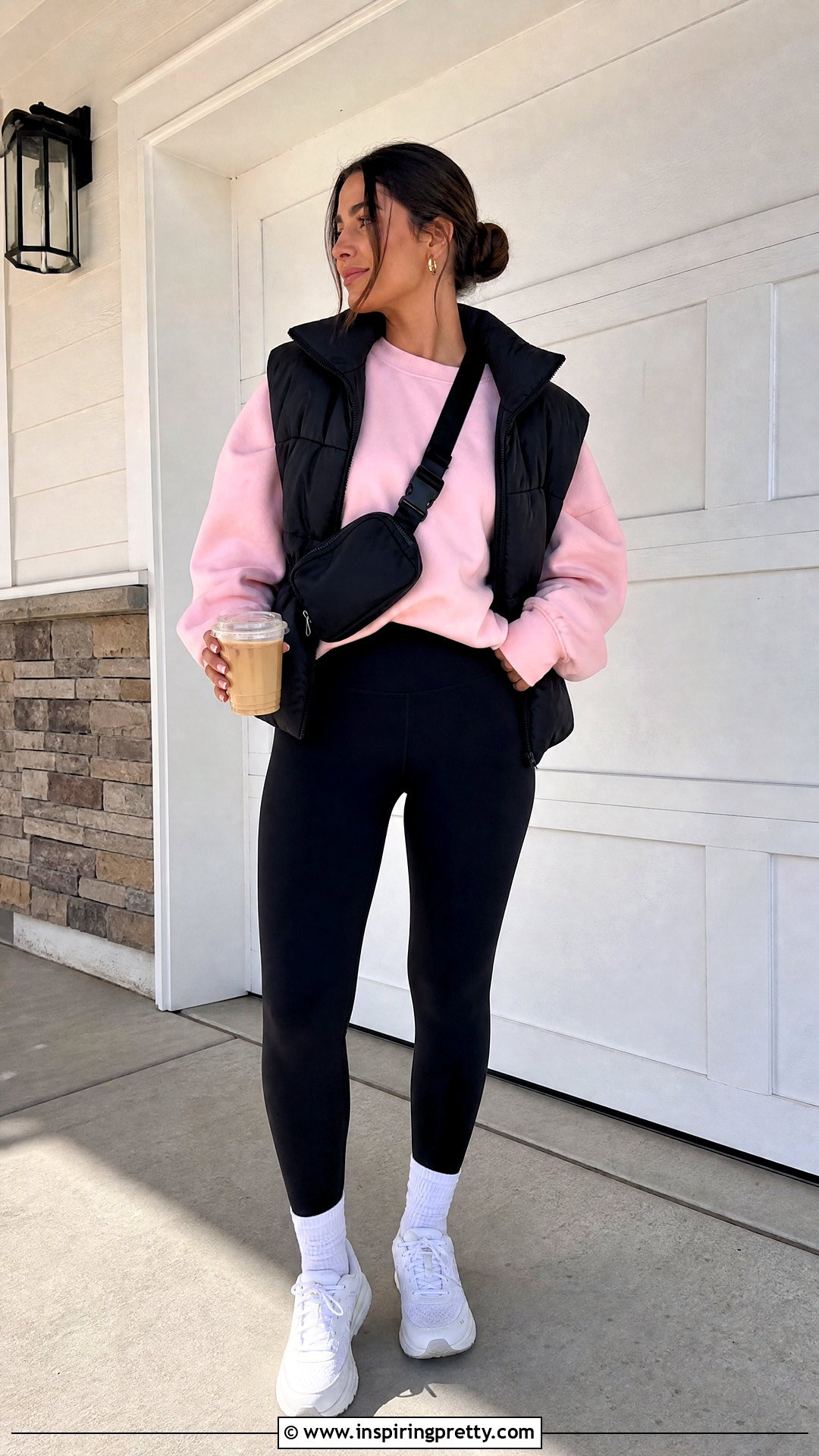 Pink Sweatshirt With Black Leggings - 50 cute pink tops outfit ideas