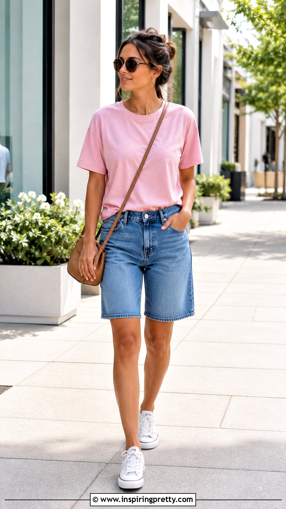 Pink T Shirt With Denim Shorts - 50 pink tops outfit ideas