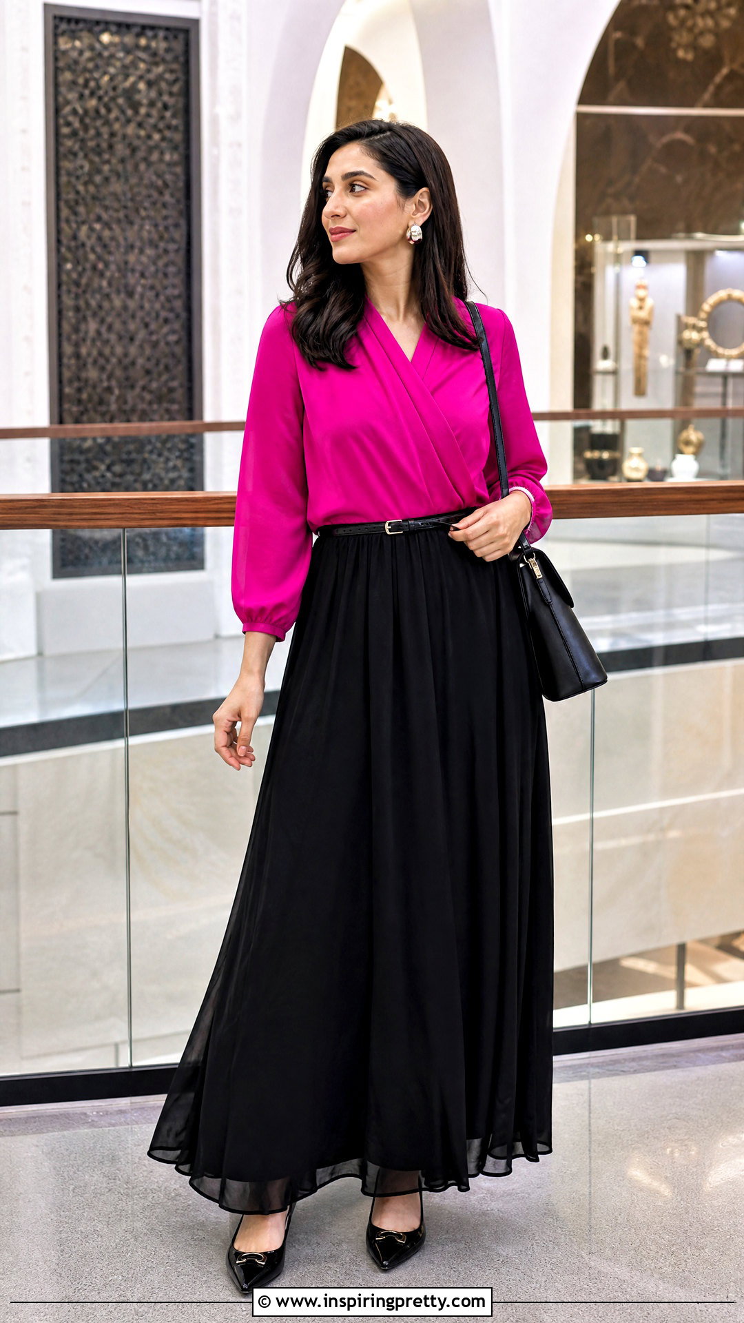 Pink Top With Black Maxi Skirt - 50 pink tops outfit ideas