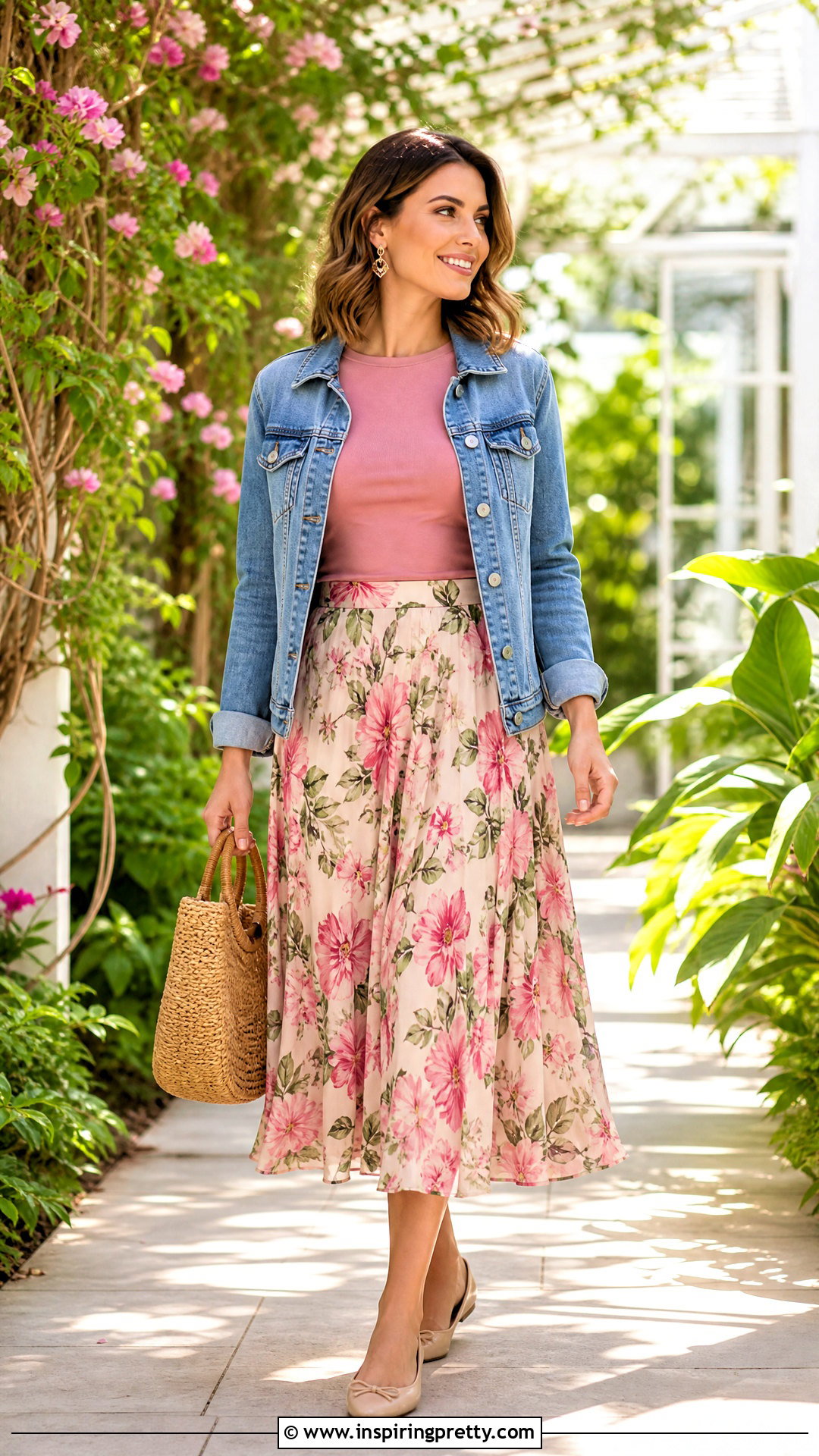 Pink Top With Floral Midi Skirt - 50 pink top outfit ideas