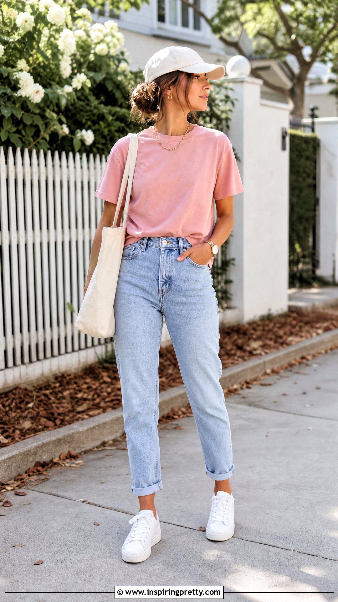 Pink Top With Light Wash Mom Jeans - 50 pink top outfit ideas