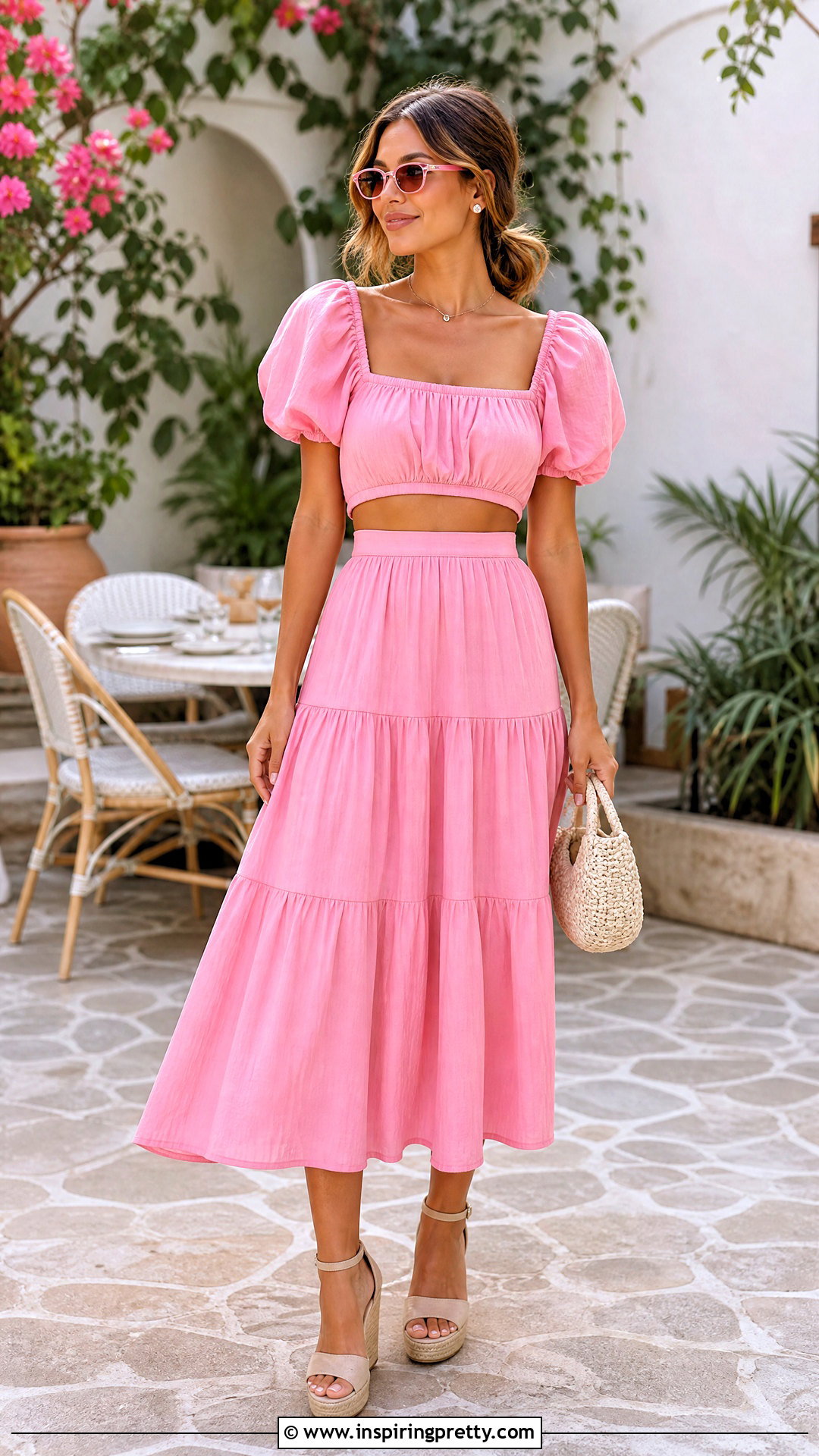 Pink Tropical Puff Sleeve Top And Tiered Skirt Set - 20 Tropical Skirt And Top Set outfits