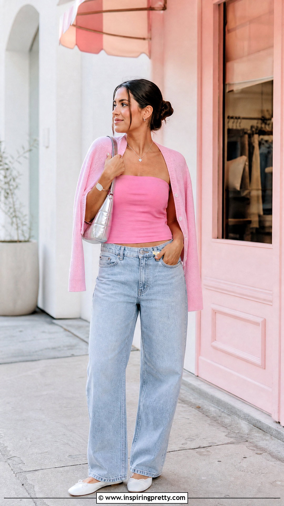 Pink Tube Top With Light Wash Jeans - 50 tube top outfit aesthetic ideas