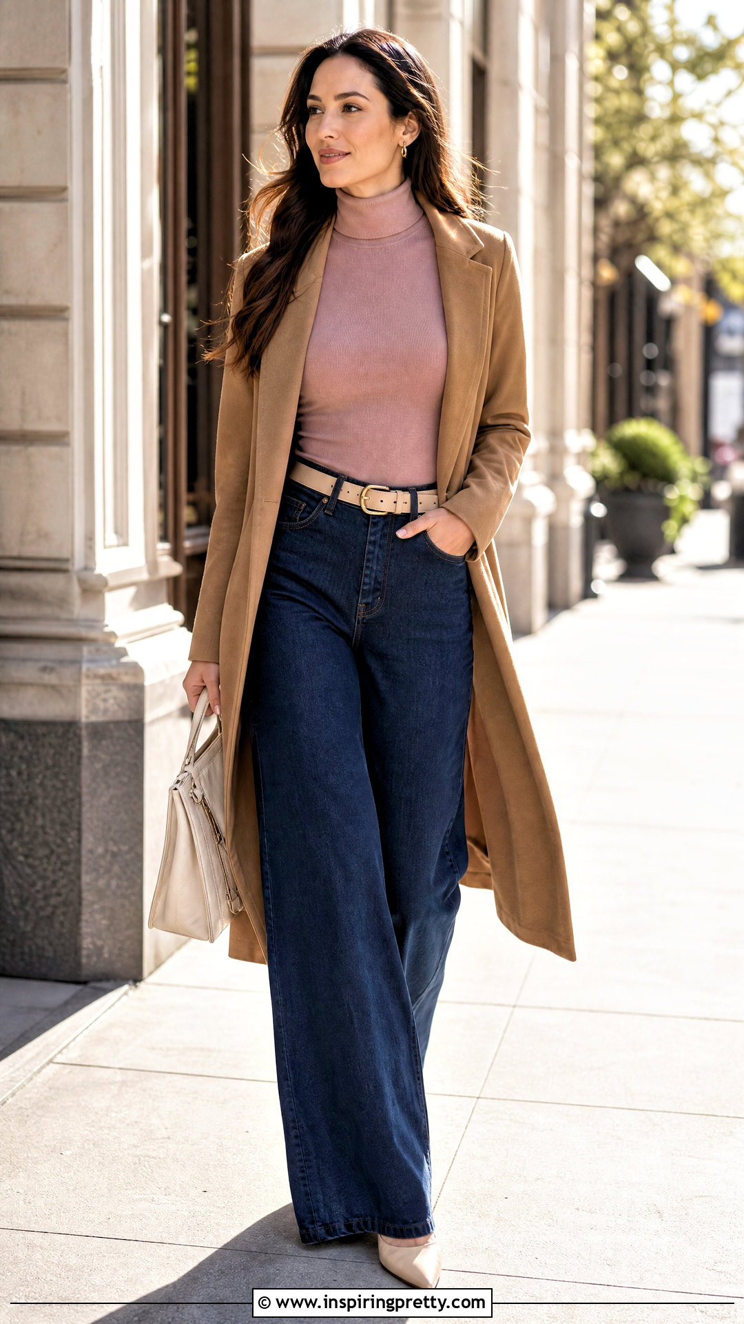 Pink Turtleneck Top With Wide Leg Jeans - 50 Turtle Neck Top outfit ideas