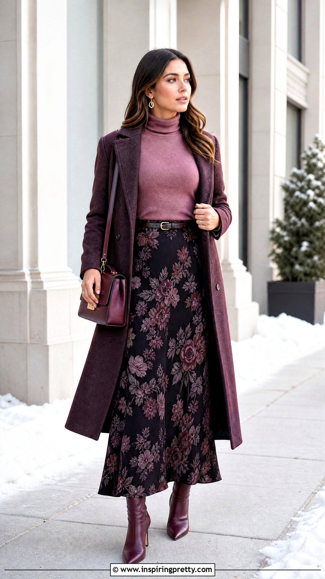 Pink Turtleneck With Floral Maxi Skirt - 20 floral skirt and pink top set outfit ideas