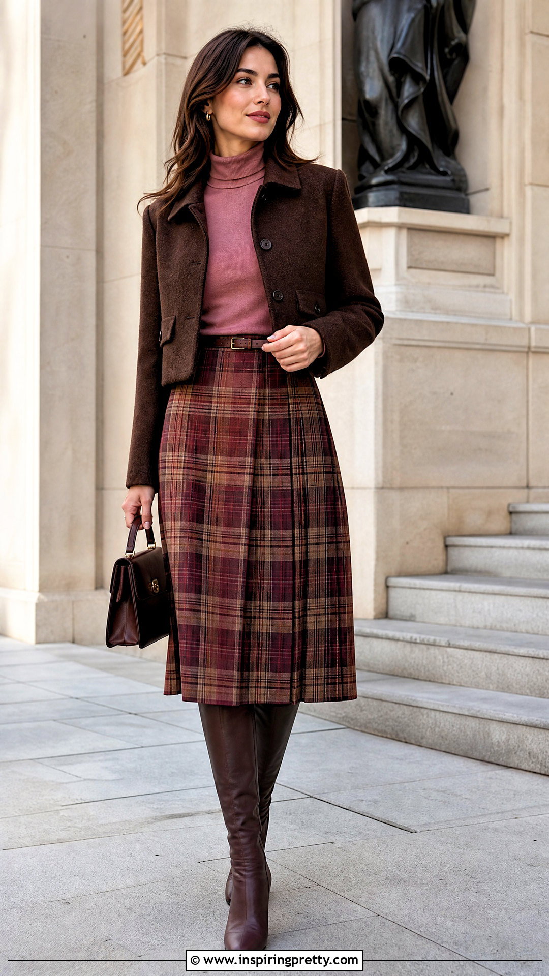 Pink Turtleneck With Plaid Midi Skirt - 20 fall fashion pink top outfit ideas