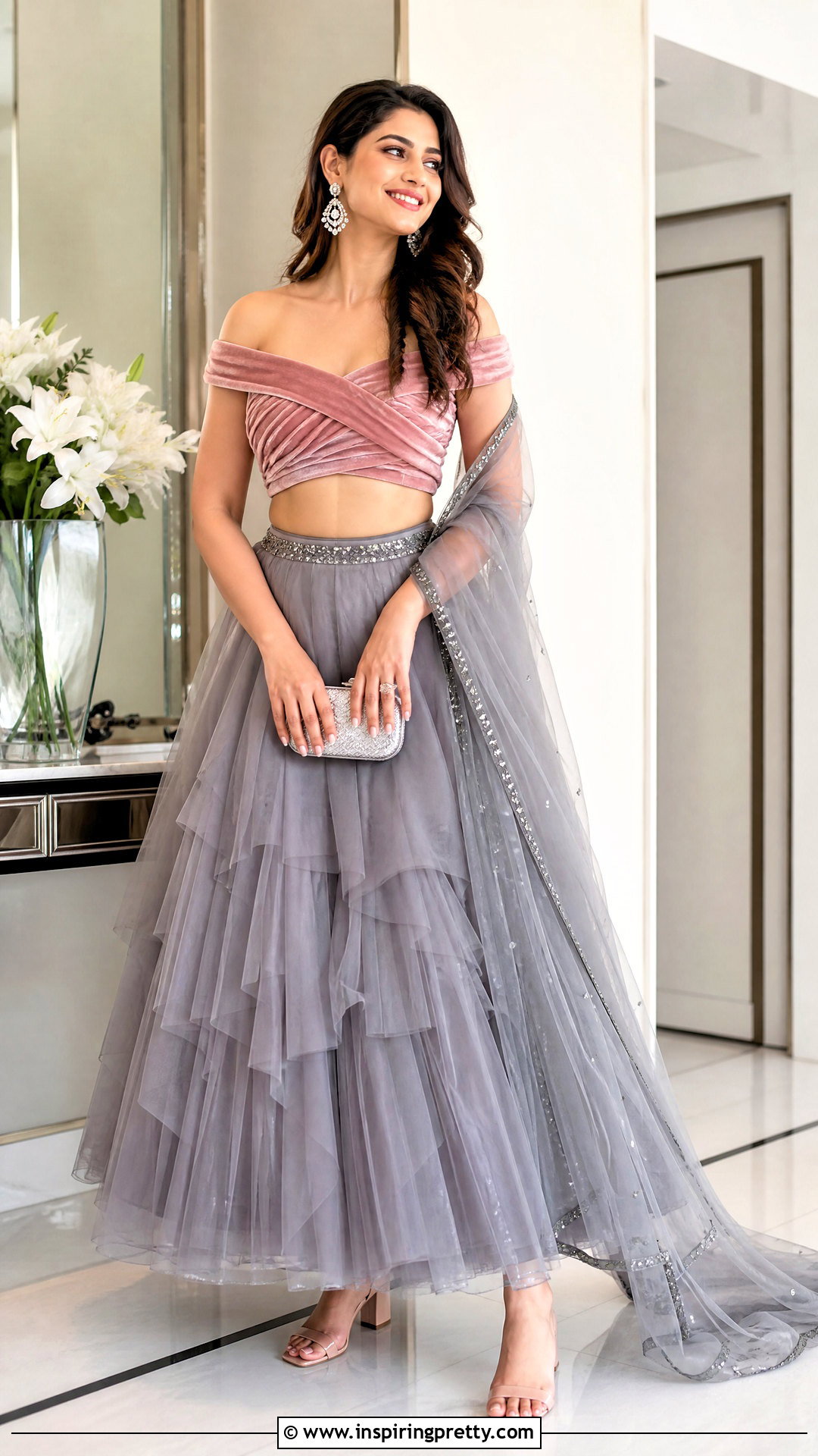 Pink Velvet Crop Top With Gray Lehenga - 50 velvet crop top designs for lehengas