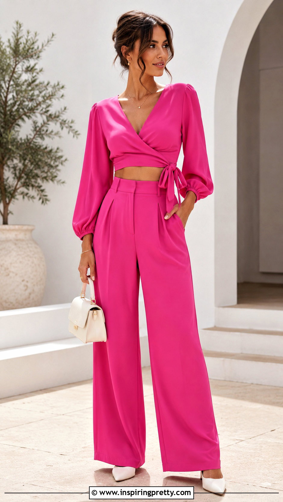 Pink Wrap Crop Top With Matching Pink Pants - 20 Pink Wrap Crop Top outfit ideas