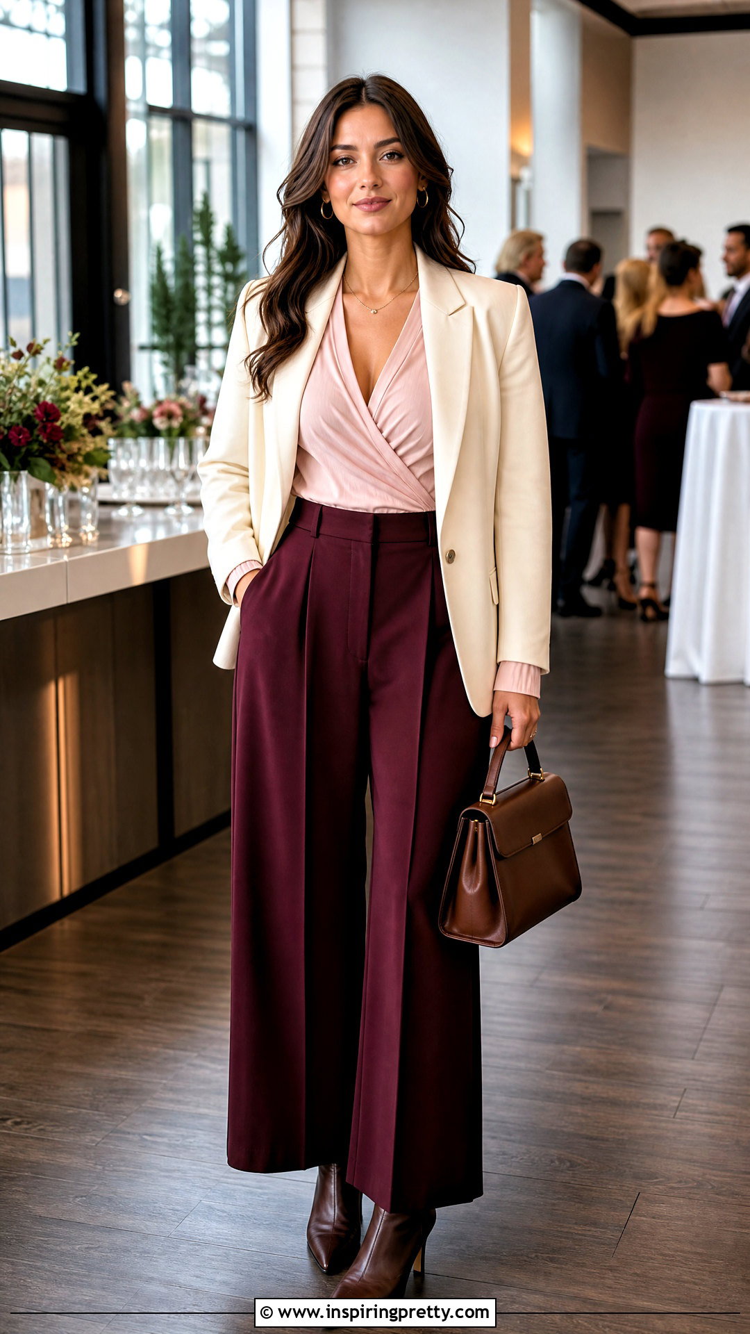Pink Wrap Top With Burgundy Trousers - 20 fall fashion pink top outfit ideas