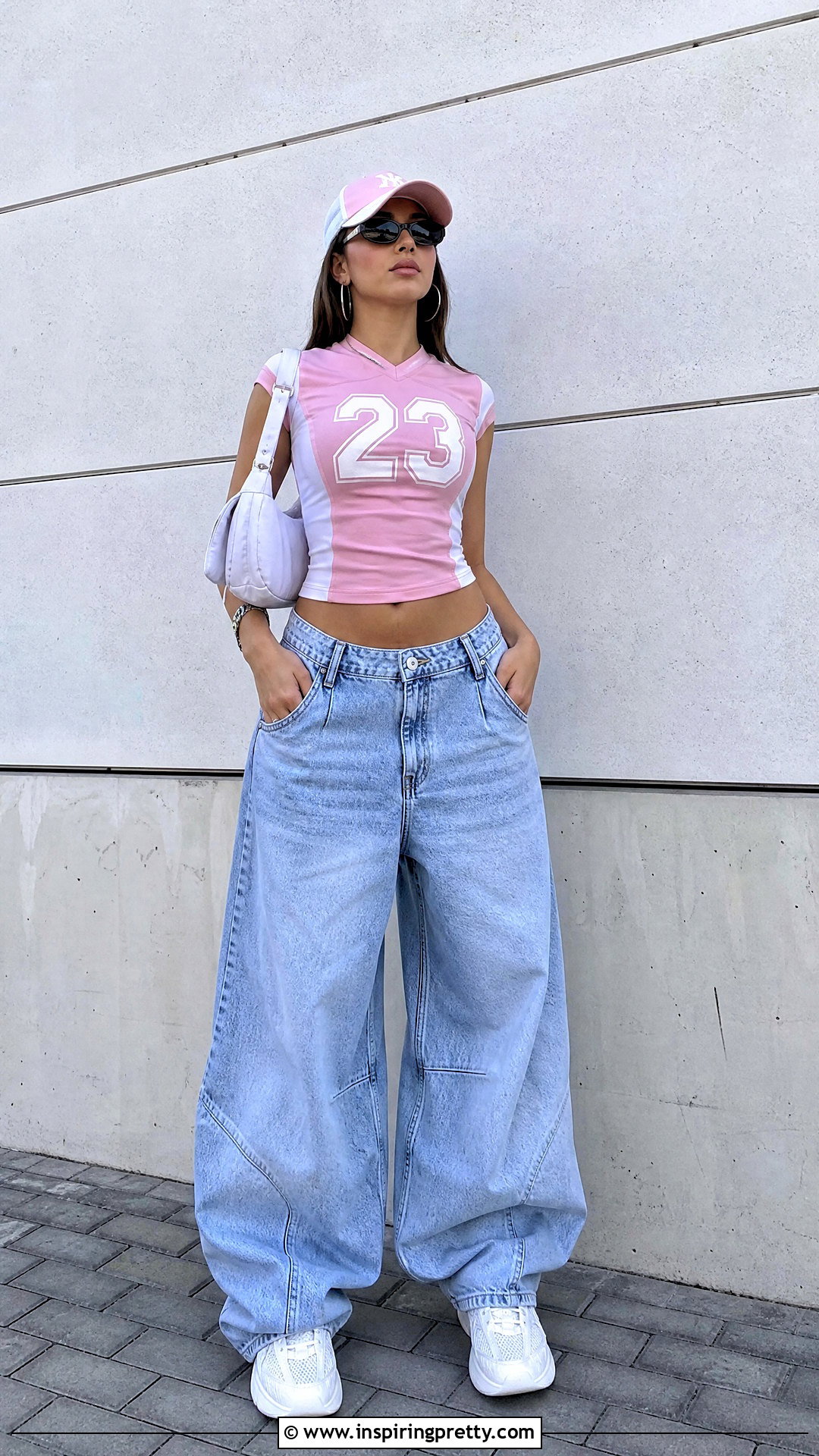 Pink Y K Jersey Top With Baggy Jeans - 50 pink y2k top outfit ideas