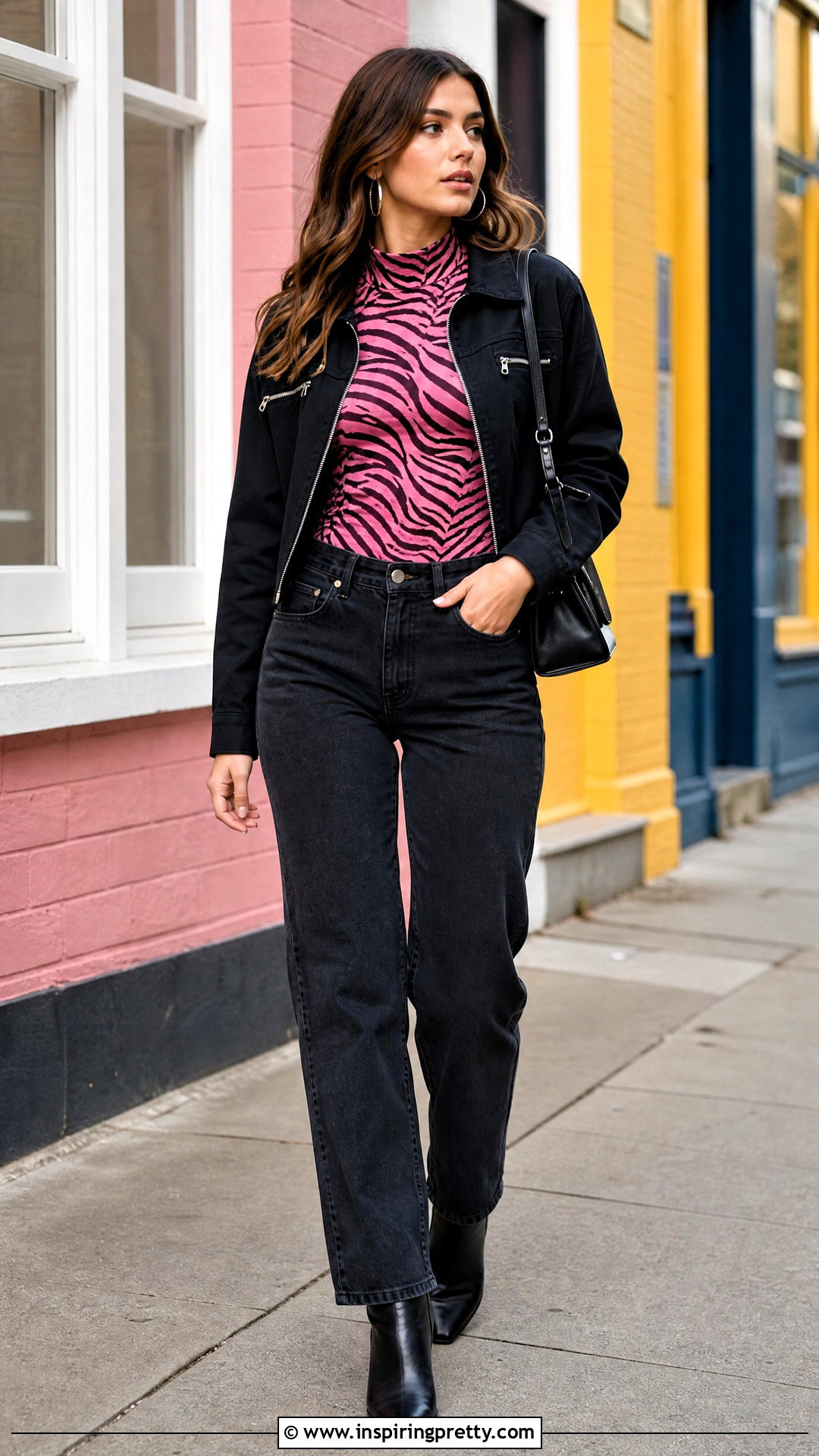 Pink Zebra Print Top With Black Jeans - 50 animal print top outfit ideas