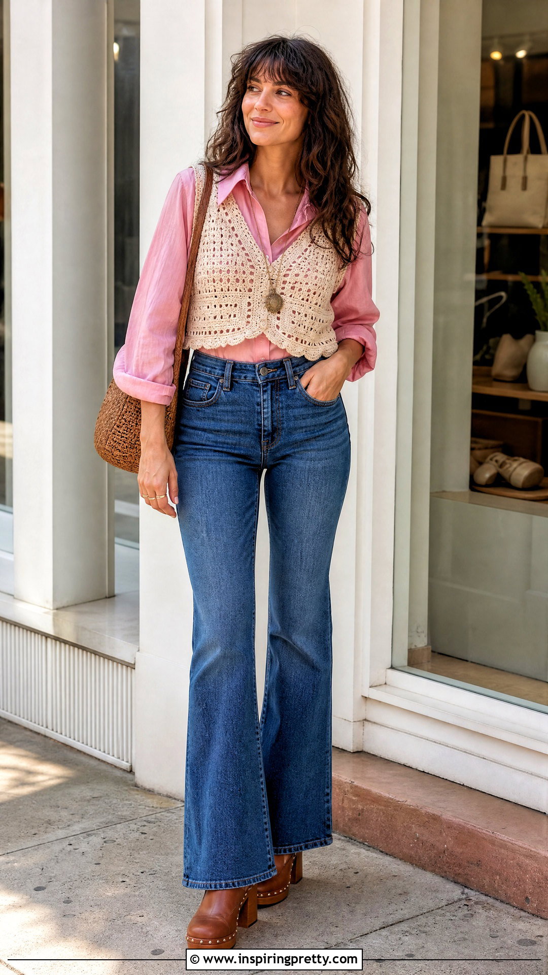 Pink s Top With Crochet Vest And Jeans - 25 Pink 70S Top outfit ideas
