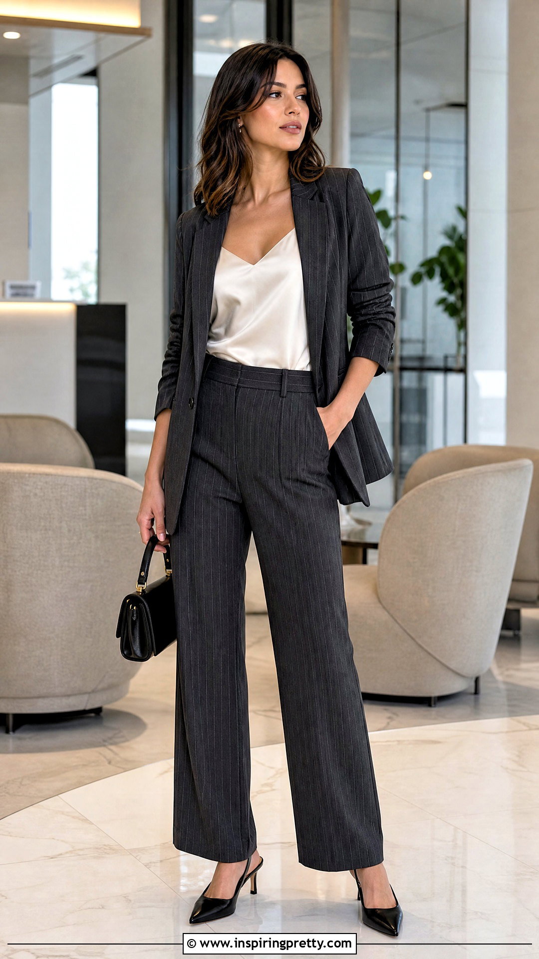 Pinstripe Pants And Satin Camisole - 50 pants and top outfit classy ideas