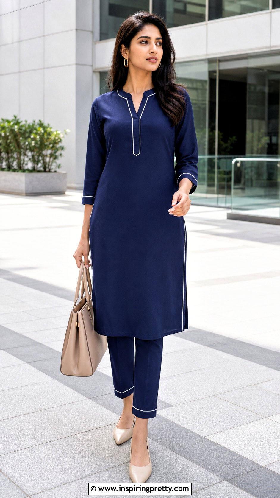 Piped Neck Kurti With Cigarette Pants - 50 top neck designs