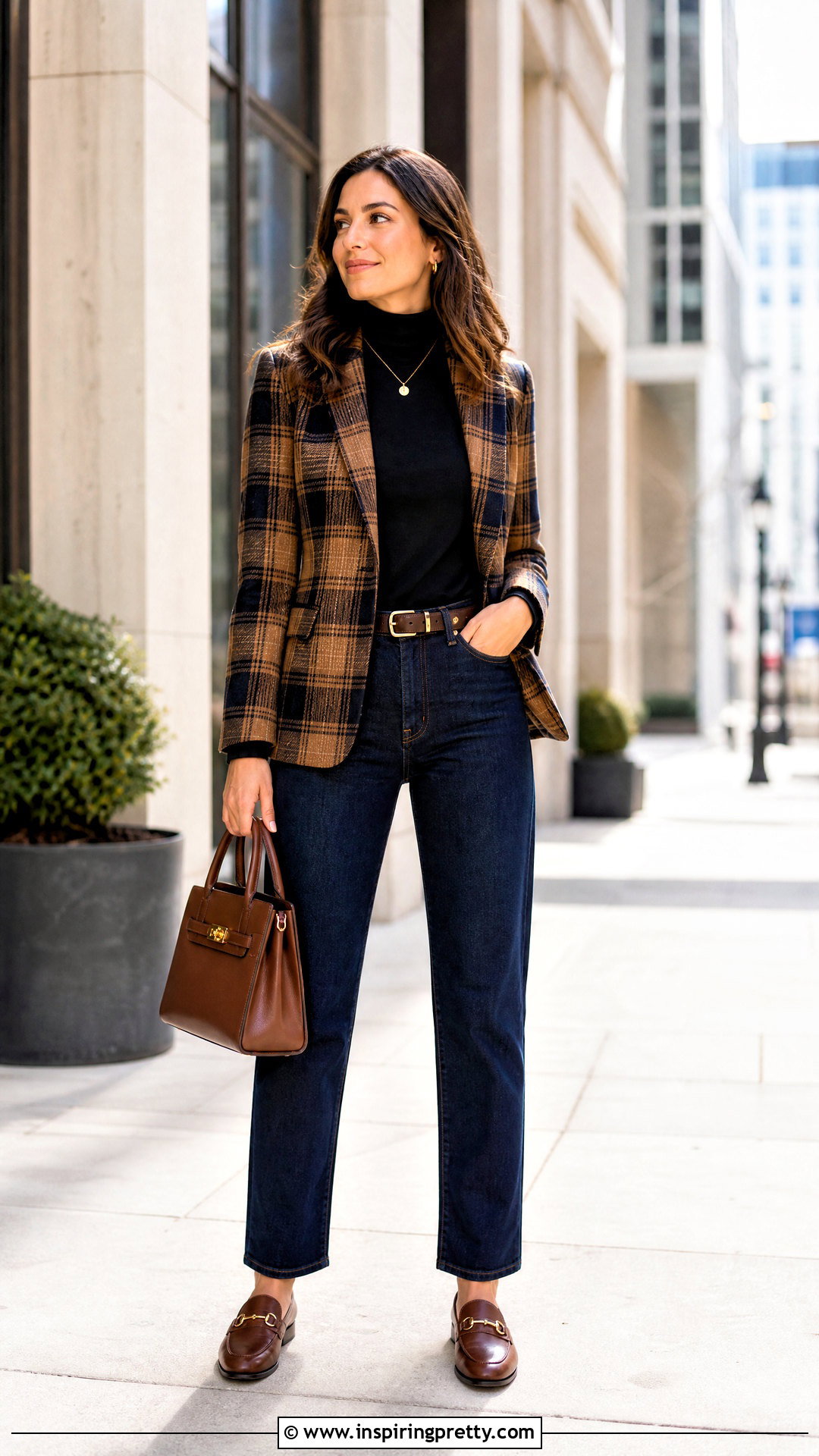 Plaid Blazer And Dark Jeans Outfit - 50 gathered top outfit ideas