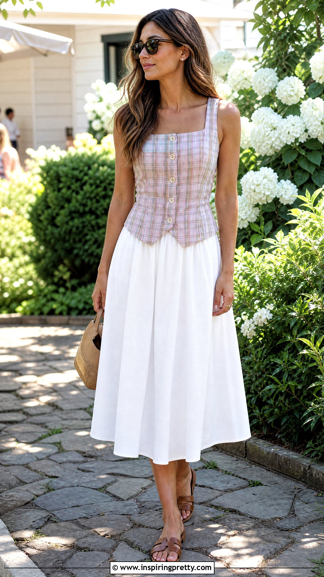 Plaid Button Up Tank Top With White Midi Skirt - 20 Plaid Button Up Tank Top outfit ideas