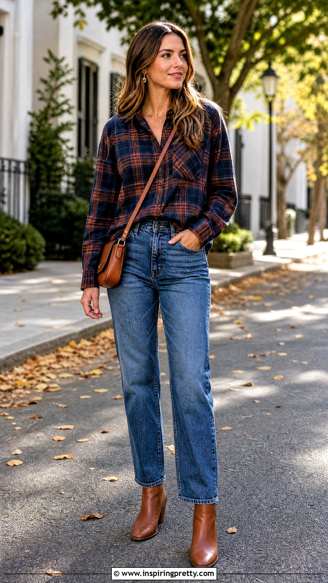 Plaid Button Up Top With Straight Leg Jeans - 20 button-up top with sleeves