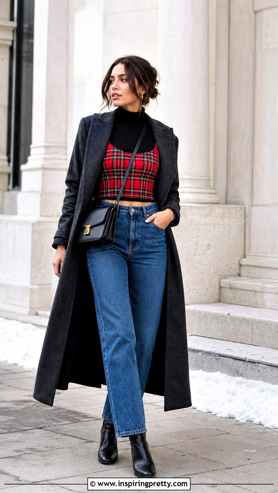 Plaid Crop Top Over Turtleneck With Jeans - 20 plaid crop top fashion ideas