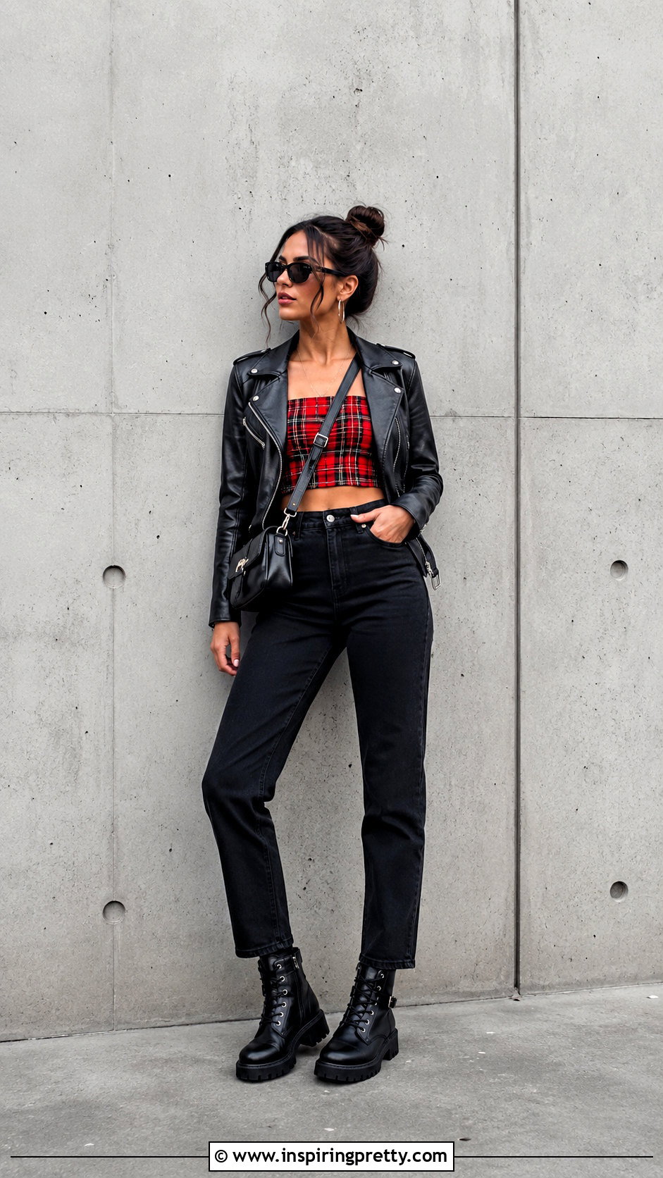 Plaid Crop Top With Biker Jacket And Black Jeans - 20 plaid crop top fashion ideas