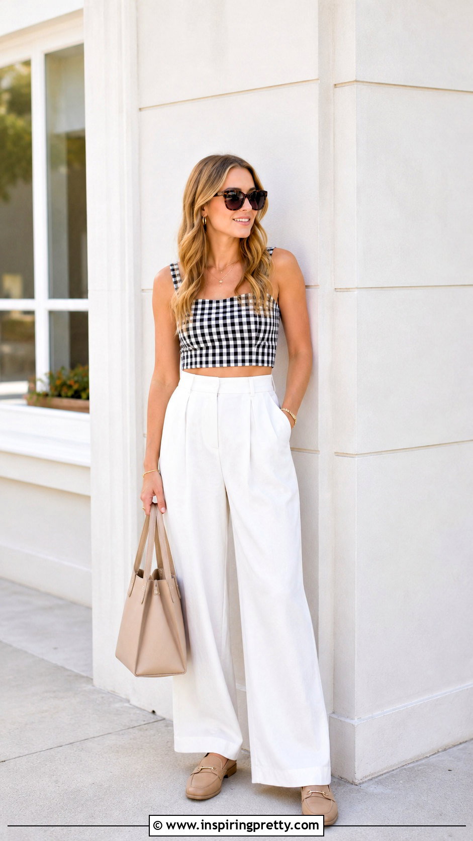 Plaid Crop Top With White Wide Leg Trousers - 20 plaid crop top fashion ideas