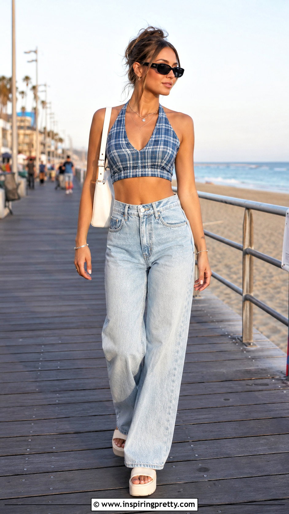 Plaid Crop Top With Wide Leg Jeans - 20 summer plaid crop top outfit ideas