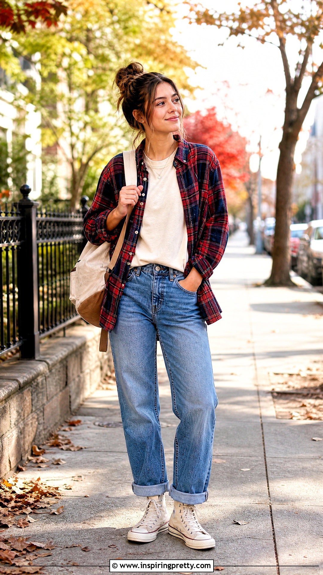 Plaid Flannel Top With T Shirt And Jeans - 50 girls top designs