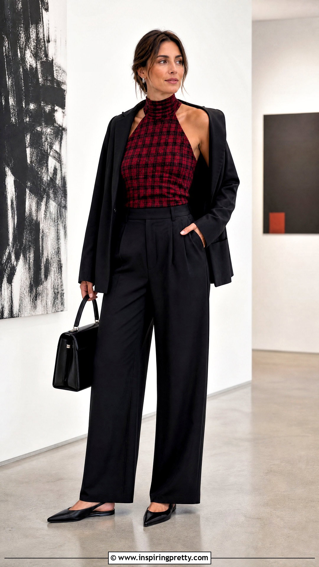 Plaid Halter Top With Black Tailored Trousers - 20 Plaid Halter Top Outfit Ideas