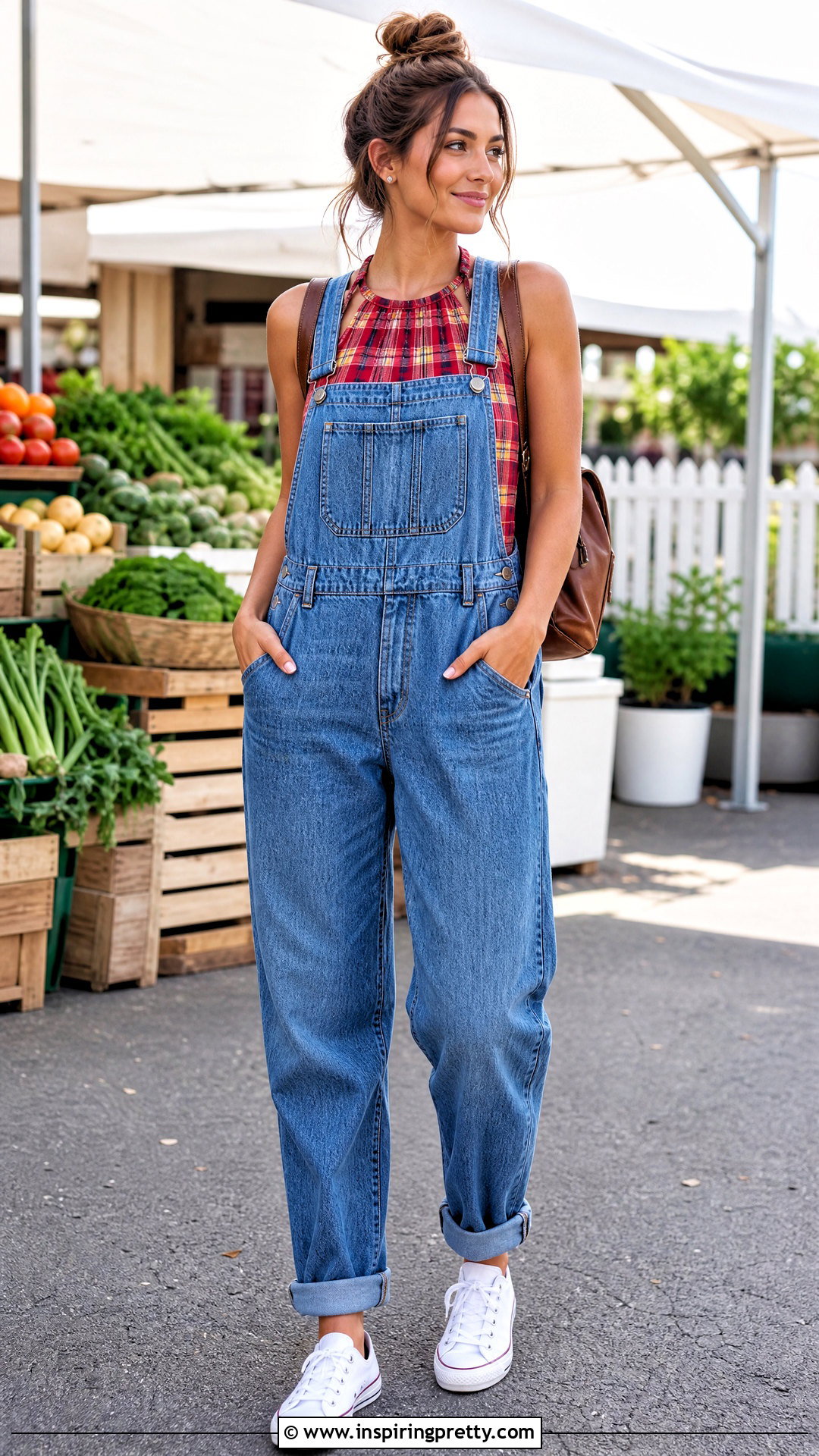 Plaid Halter Top With Denim Overalls - 20 Plaid Halter Top Outfit Ideas