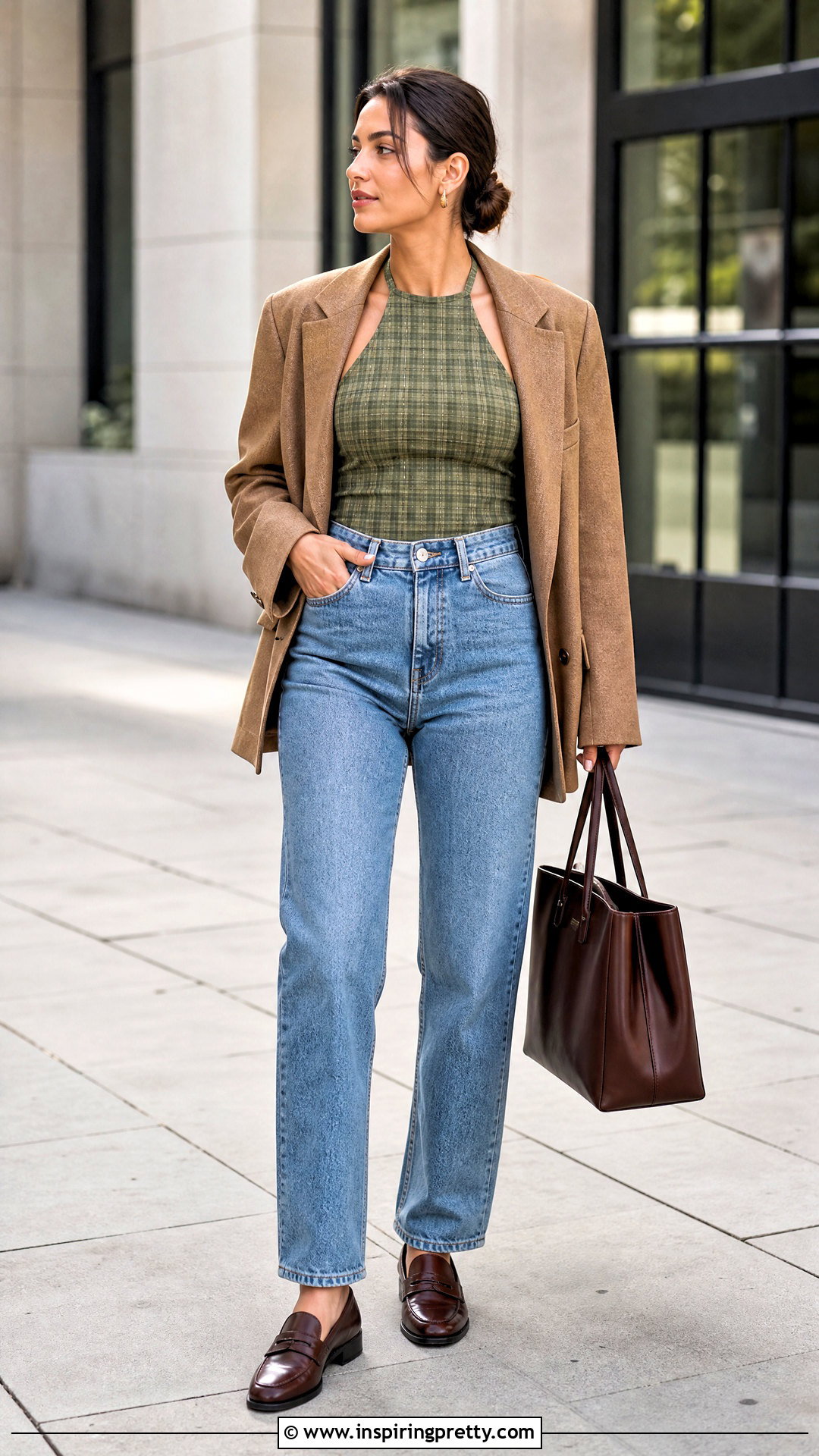 Plaid Halter Top With Oversized Blazer And Jeans - 20 Plaid Halter Top Outfit Ideas