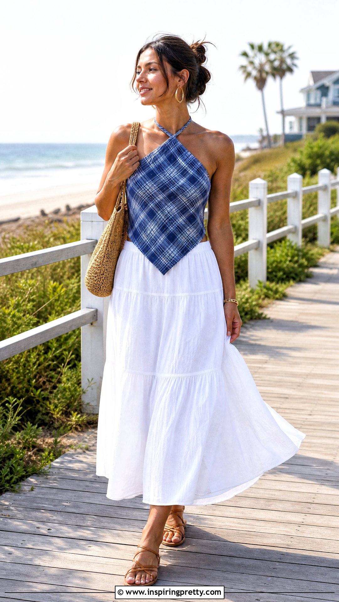 Plaid Halter Top With White Maxi Skirt - 20 Plaid Halter Top Outfit Ideas