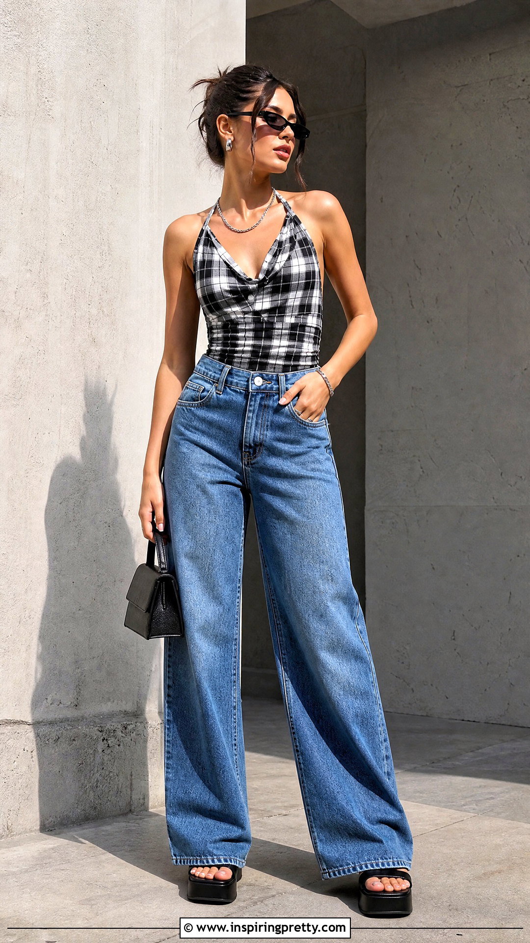Plaid Halter Top With Wide Leg Jeans - 20 Plaid Halter Top Outfit Ideas