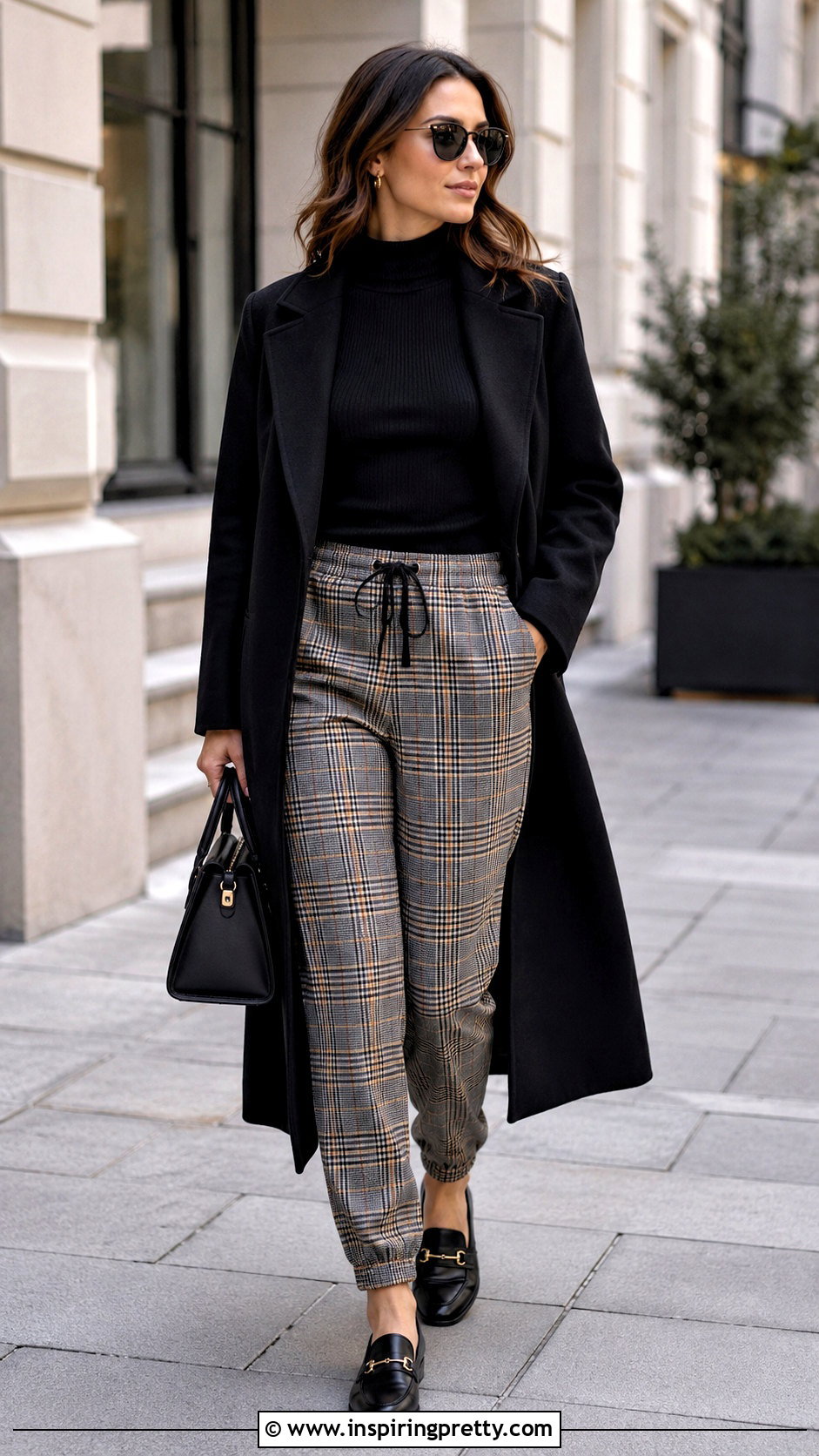 Plaid Joggers With Black Fitted Sweater - 25 joggers and a nice top outfit ideas