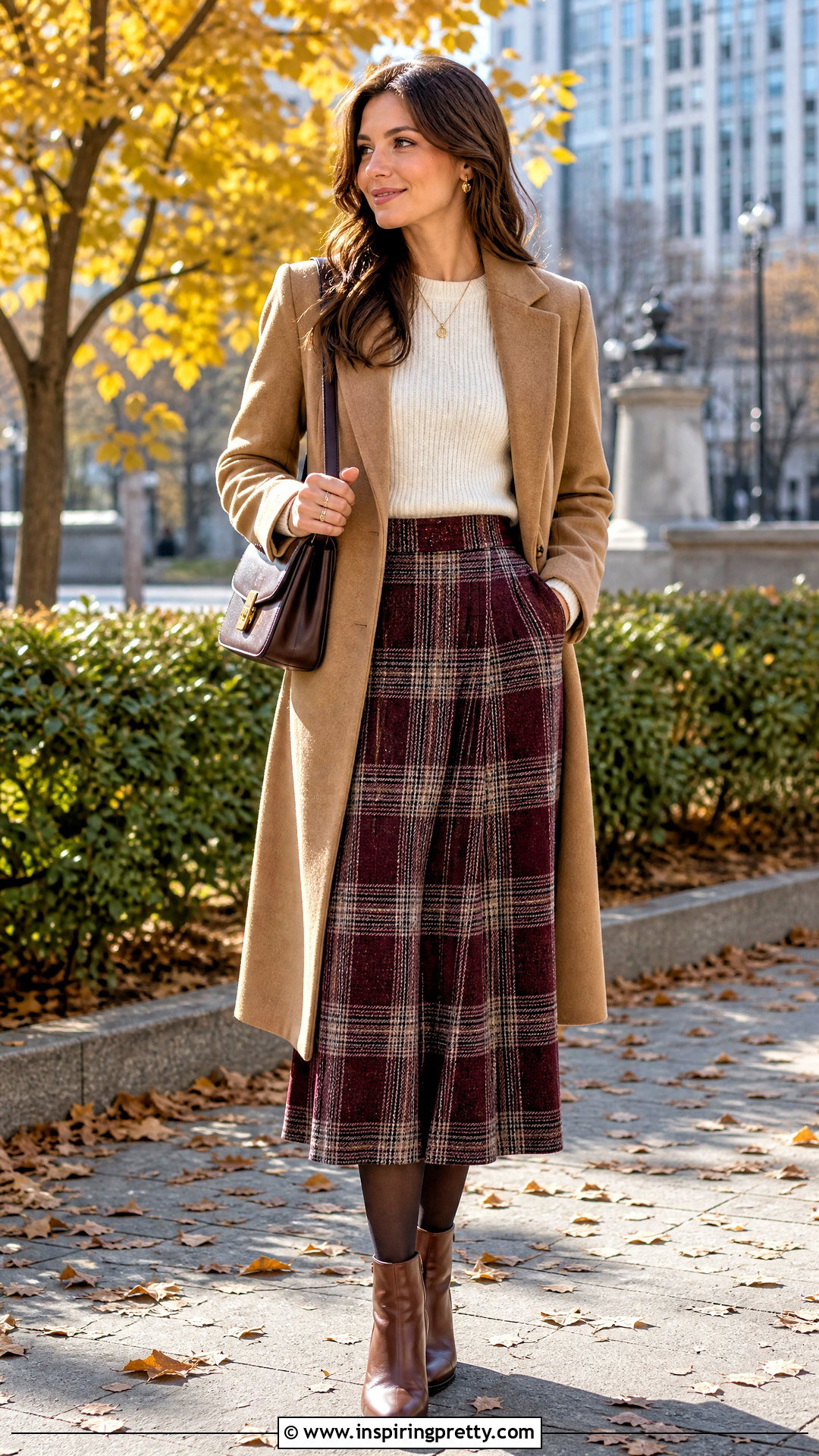 Plaid Long Skirt With Crewneck Sweater - 50 long skirt and top outfit ideas