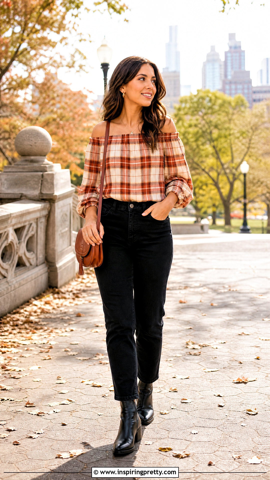 Plaid Off Shoulder Top With Black Jeans - 50 offshoulder outfit tops outfit ideas