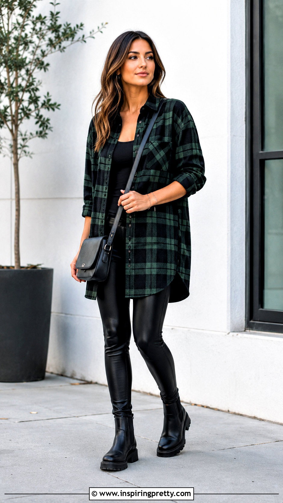 Plaid SHEIN Tunic Shirt With Faux Leather Leggings - 20 Shein Tunic Tops outfit ideas