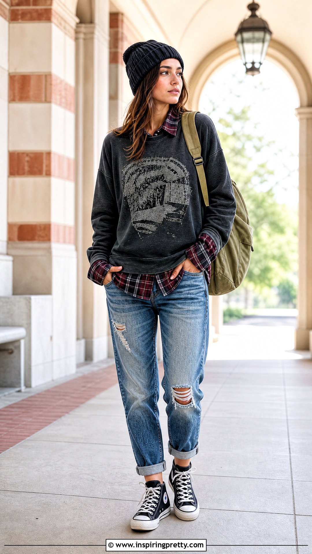 Plaid Shirt Under Graphic Sweatshirt Grunge Outfit - 20 Layered Tops Outfits Grunge Ideas