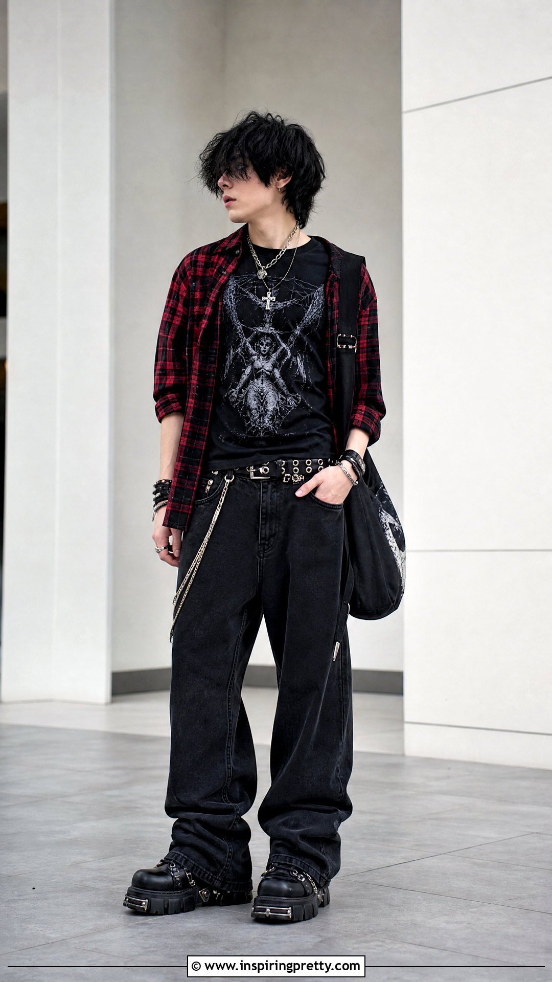 Plaid Shirt With Goth Tee And Baggy Jeans - 25 goth tops men