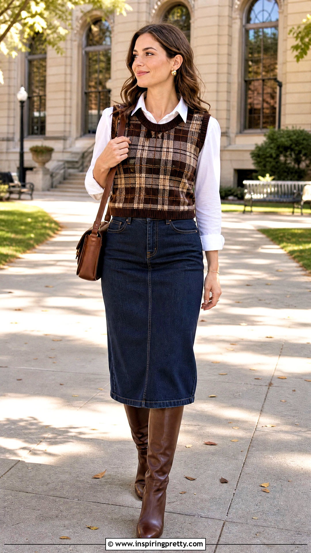 Plaid Tank Top Over White Shirt With Denim Midi Skirt - 50 tank top over shirt outfits