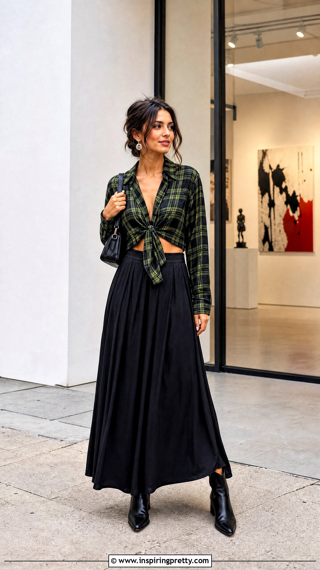 Plaid Tie Front Top With Black Maxi Skirt - 25 Plaid Tie Front Top outfit ideas