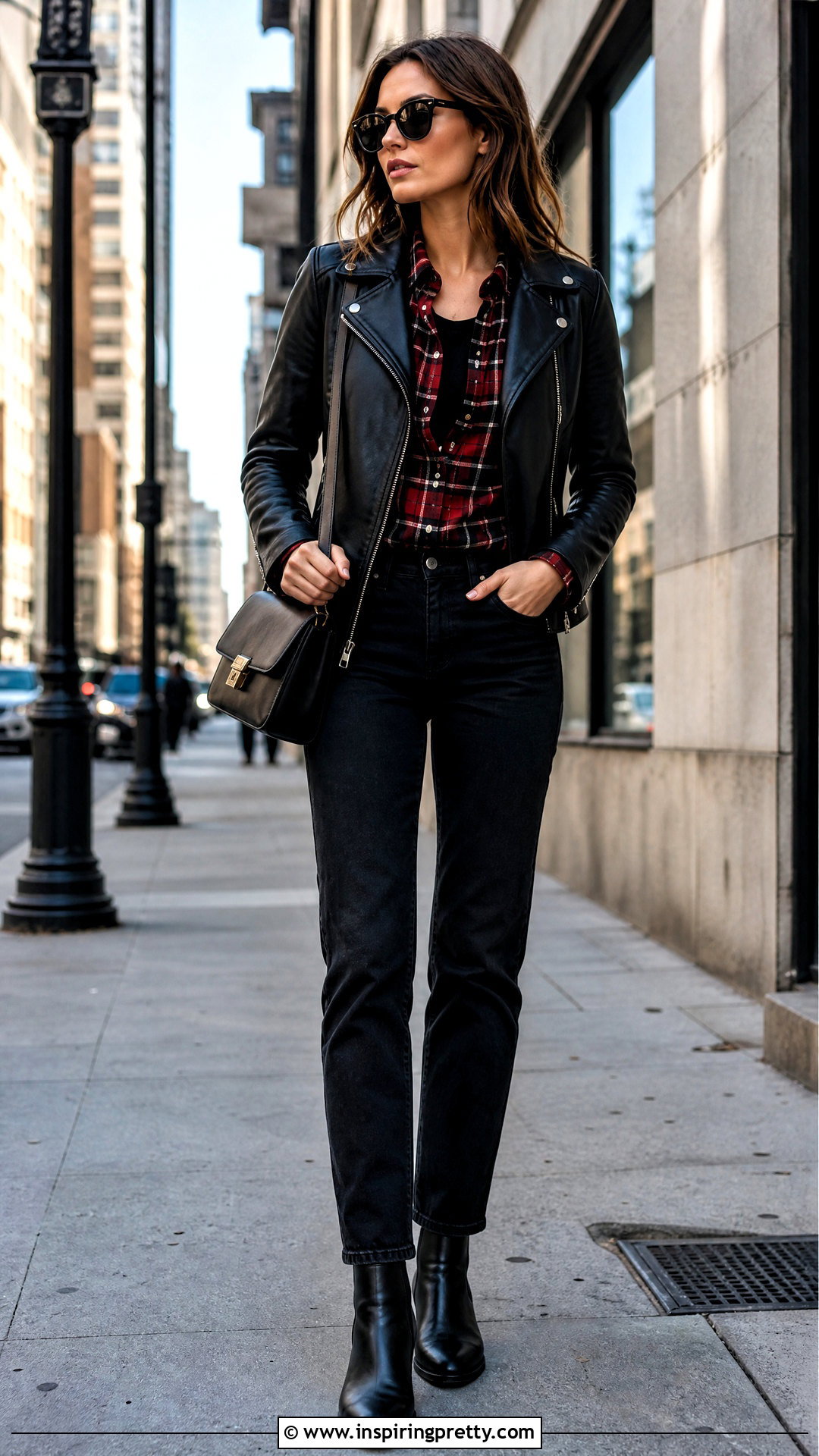 Plaid Top Under A Leather Jacket - 50 plaid top outfit ideas
