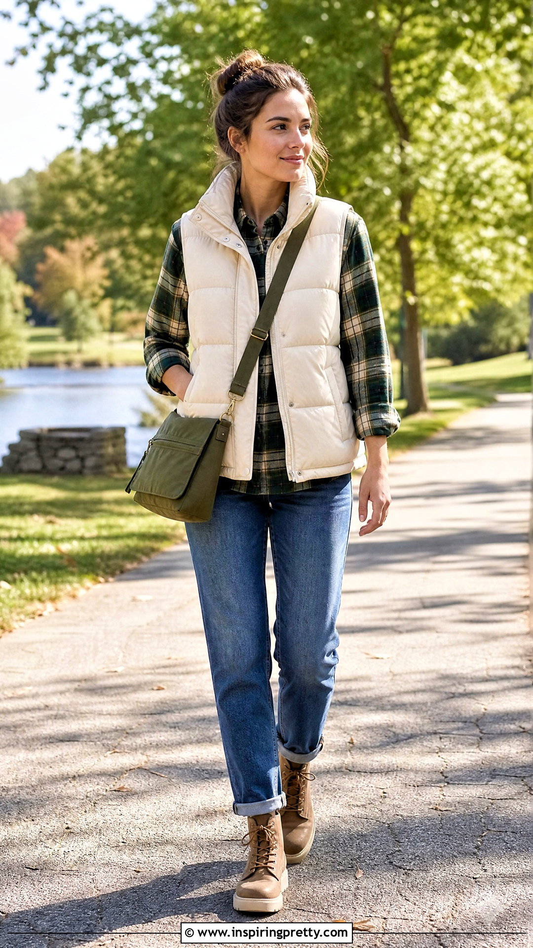 Plaid Top With A Puffer Vest - 50 plaid top outfit ideas