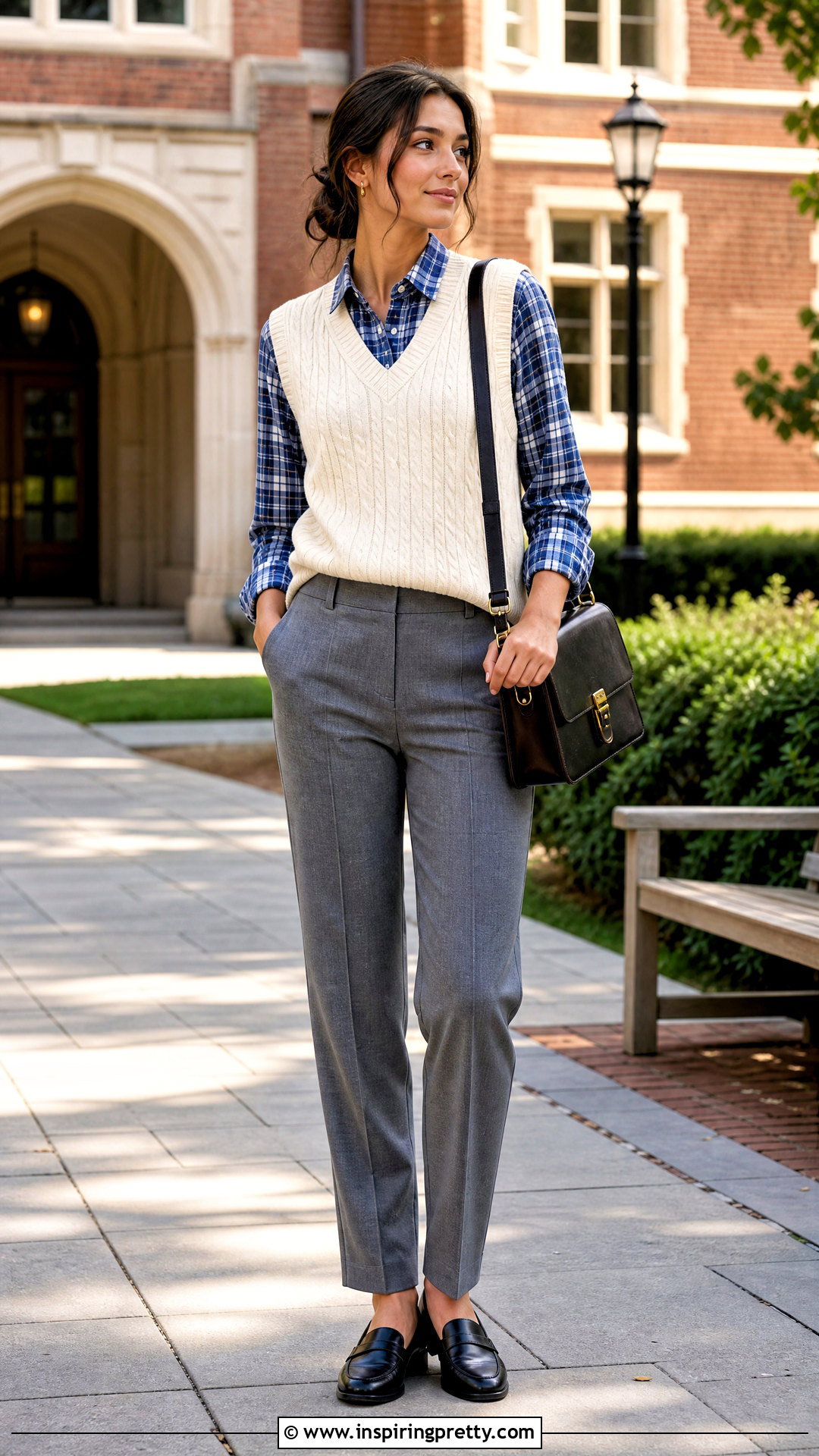 Plaid Top With A Sweater Vest - 50 plaid top outfit ideas