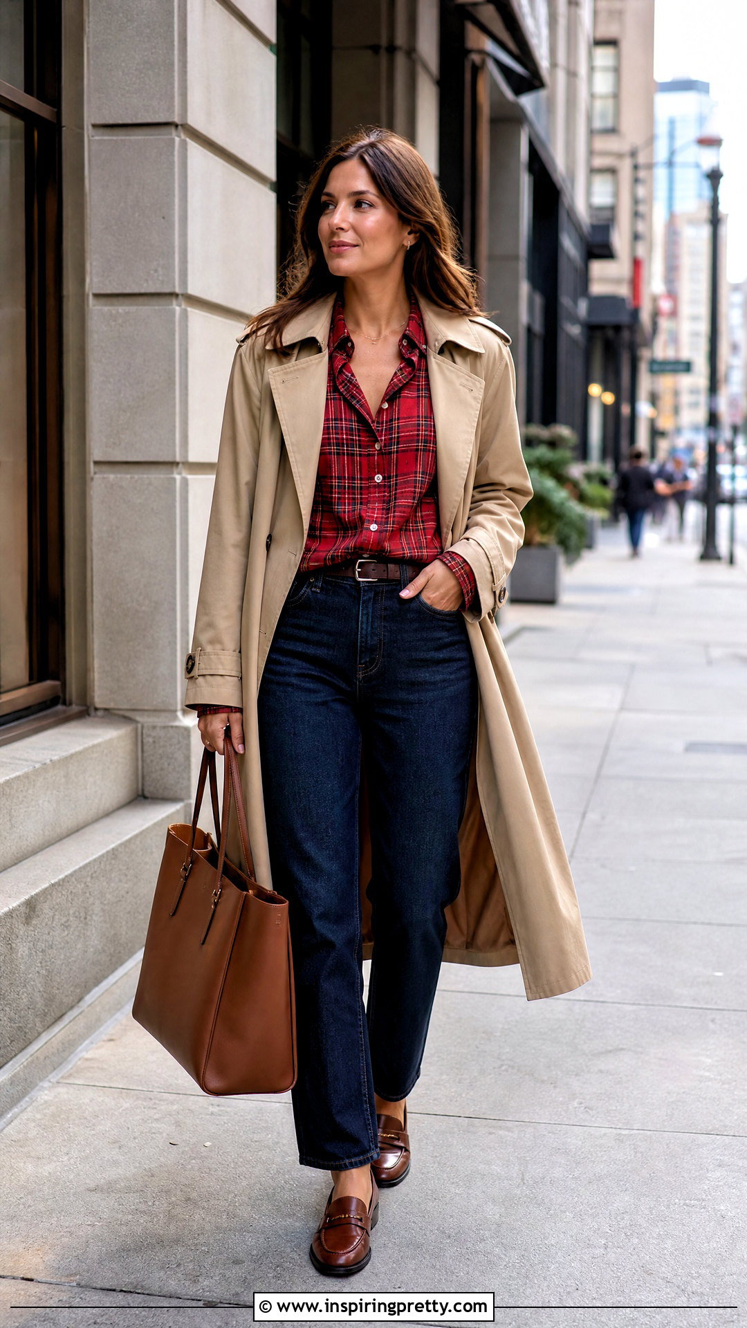 Plaid Top With A Trench Coat - 50 plaid top outfit ideas