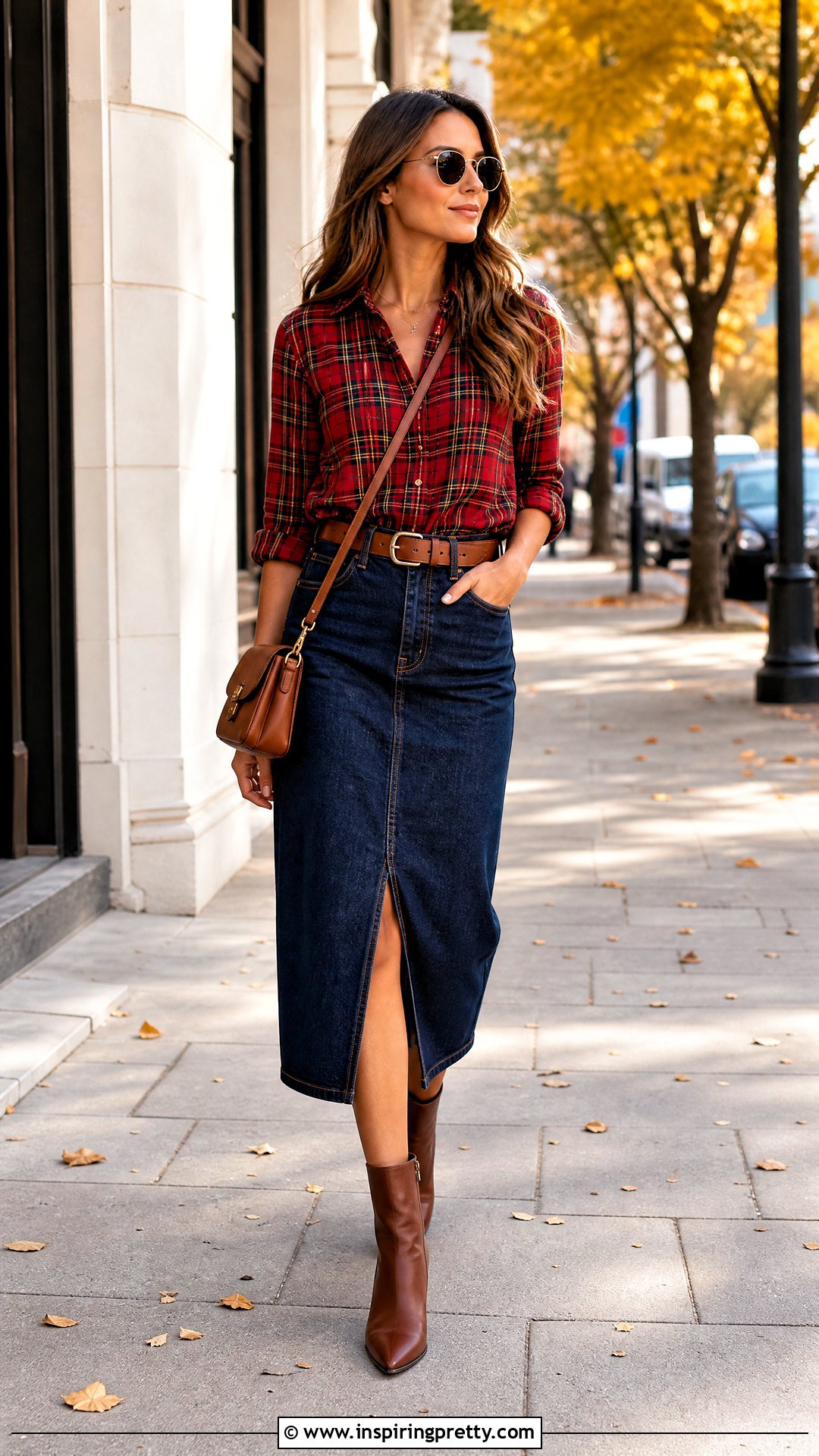 Plaid Top With Denim Midi Skirt - 50 plaid top outfit ideas