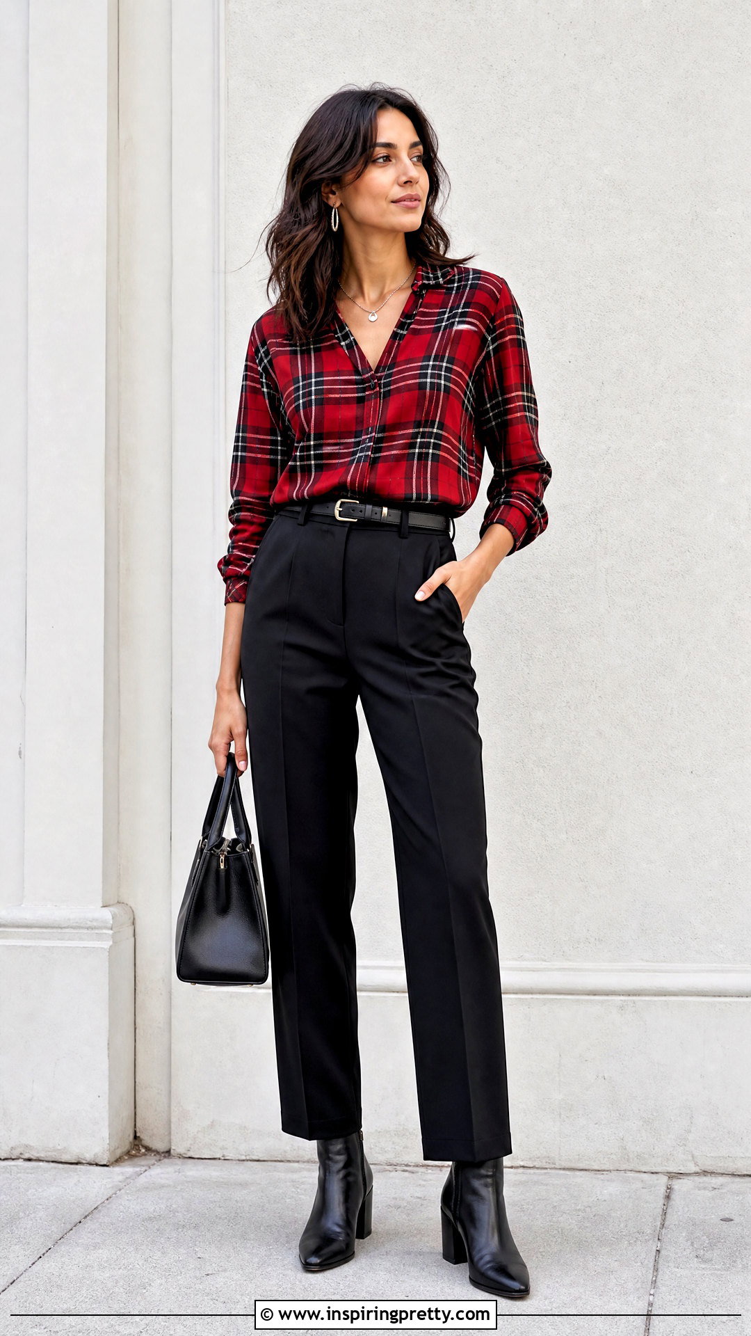 Plaid Top With Monochrome Black Pieces - 50 plaid top outfit ideas