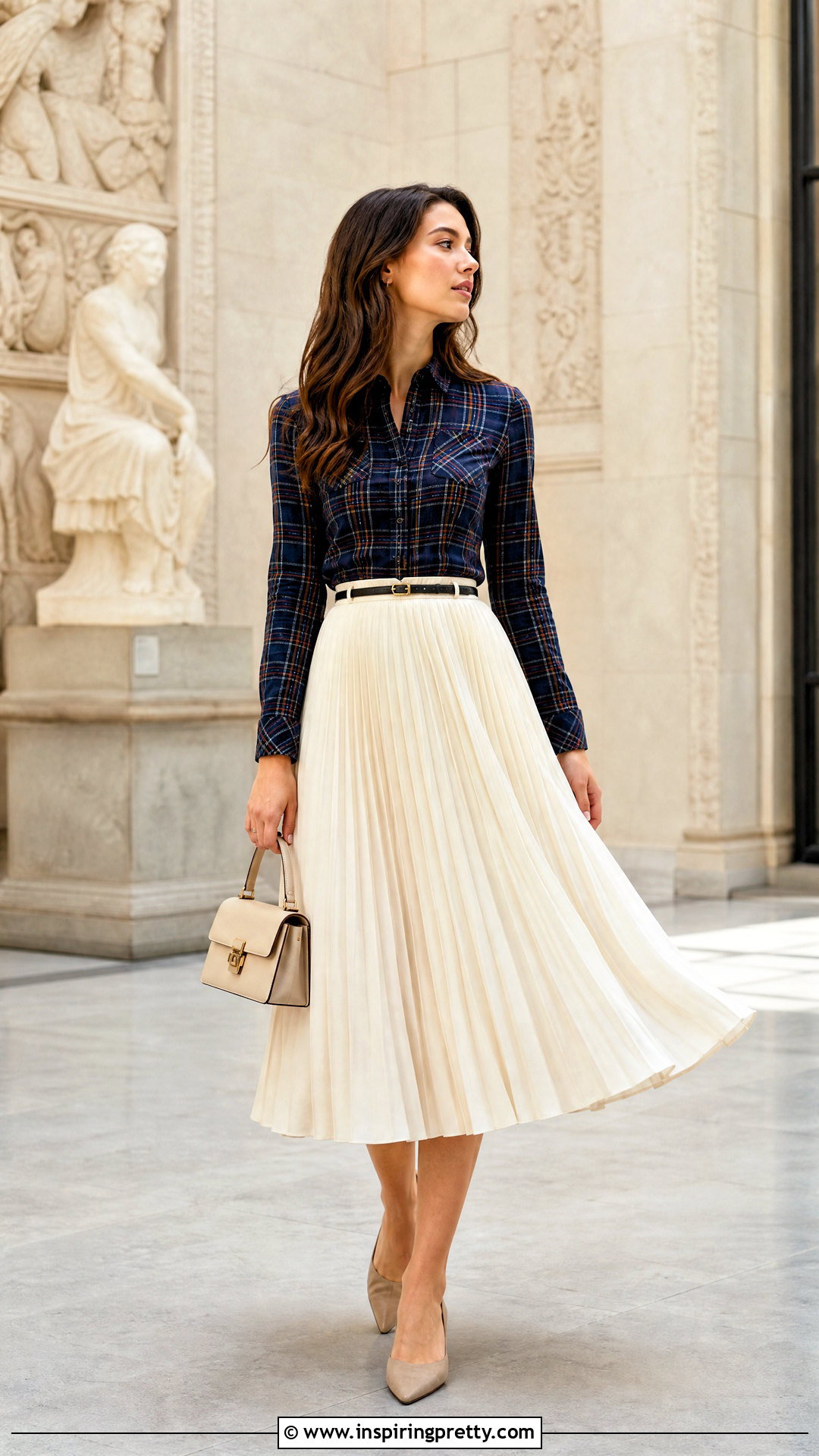 Plaid Top With Pleated Midi Skirt - 50 plaid top outfit ideas