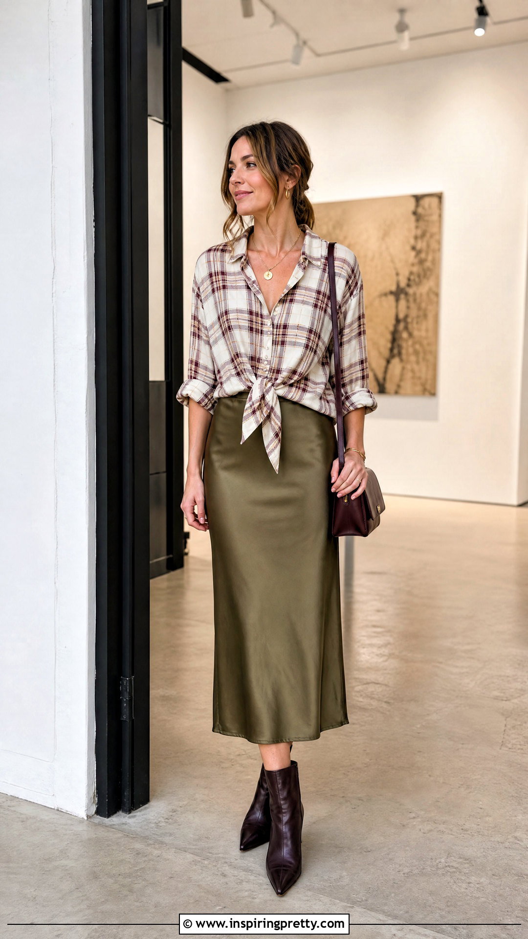 Plaid Top With Satin Skirt - 50 plaid top outfit ideas