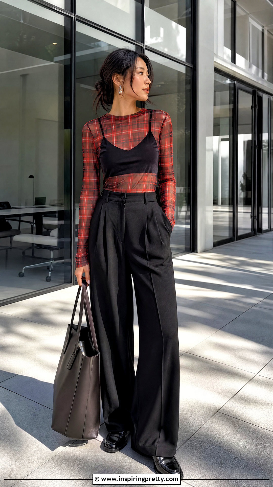 Plaid Topshop Mesh Top With Black Trousers - 20 Topshop Mesh Top outfit ideas